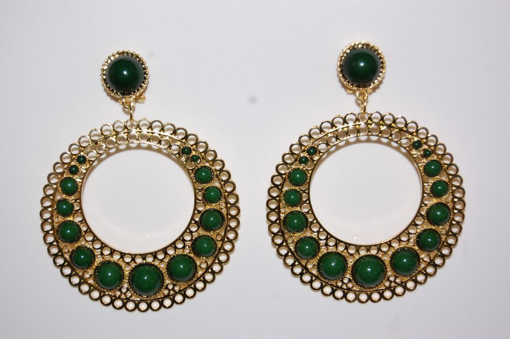 Earrings green tambourine and gold