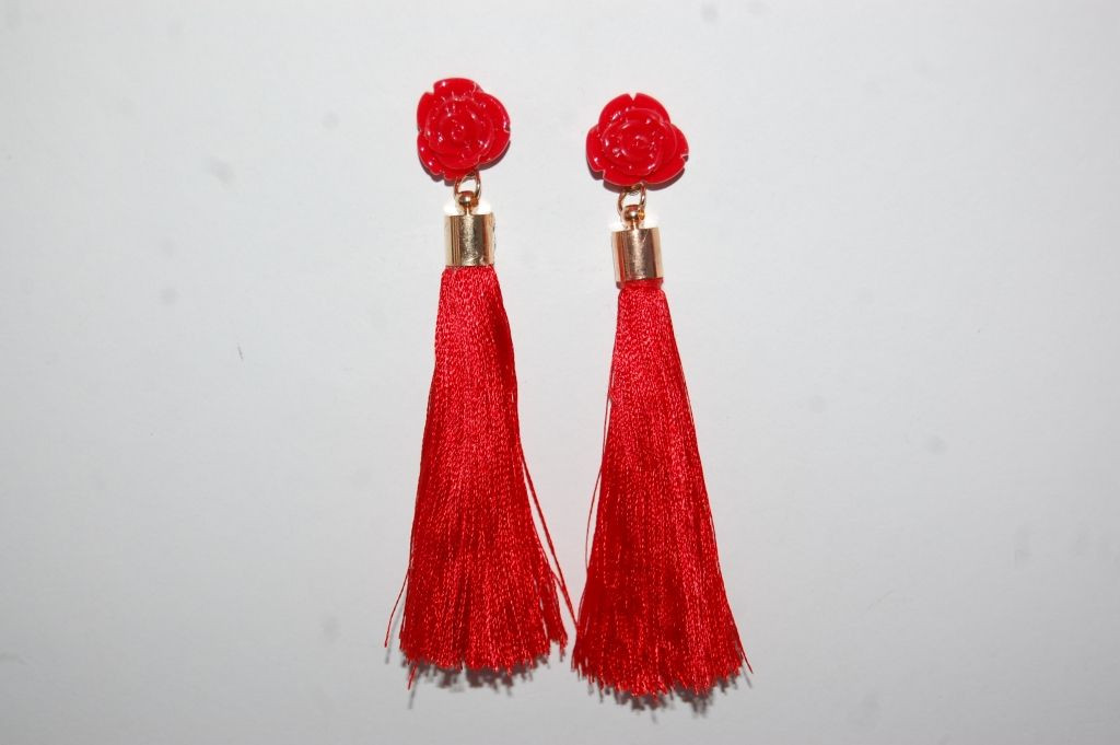 Pendientes flor y flecos rojo