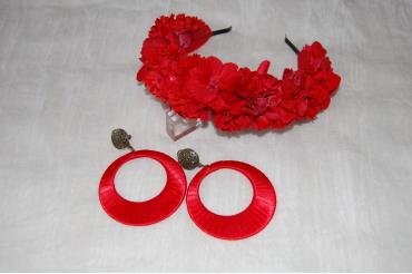 Conjunto diadema flores roja y pendientes