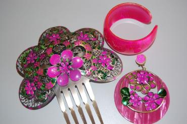 Conjunto peina metal con flores fucsia